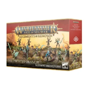 Warhammer Age of Sigmar box set: Regiments of Renown — The Twisted Branch, featuring 9 Citadel miniatures on a rocky battlefield scene in vibrant colors.