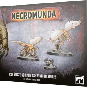 Box art for Necromunda: Ash Waste Nomads – Ashwing Helamites, showing two winged insect-like miniatures on bases and a small engine model against a dark textured background.