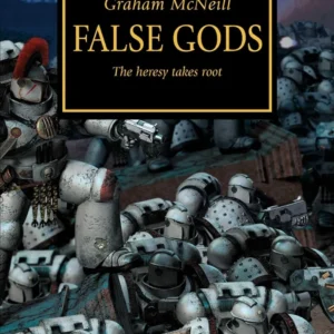 Cover art for The Horus Heresy: False Gods by Graham McNeill, featuring a black-and-gold title frame over a chaotic battle scene with armored marines firing weapons.