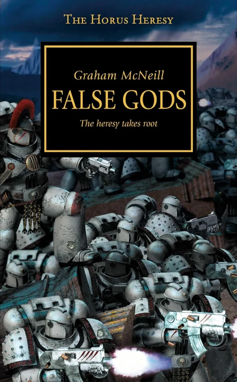 Cover art for The Horus Heresy: False Gods by Graham McNeill, featuring a black-and-gold title frame over a chaotic battle scene with armored marines firing weapons.