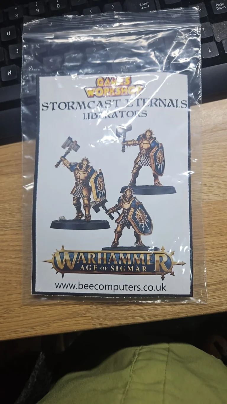 Plastic bag containing Warhammer Age of Sigmar Stormcast Eternal Librators miniatures and branding
