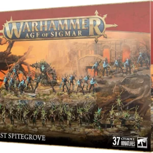 Box art for Warhammer Age of Sigmar: Outcast Spitegrove, showing numerous Sylvaneth miniatures on a rocky battlefield with an orange sky and ruined architecture in the background, and the 37 miniatures label.