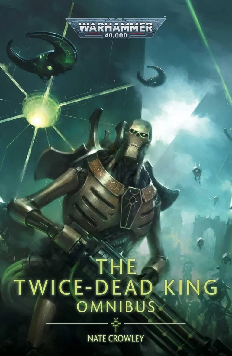 Cover art for The Twice-Dead King Omnibus: a skeletal armored warrior with a gun, bathed in green energy and a dystopian backdrop.